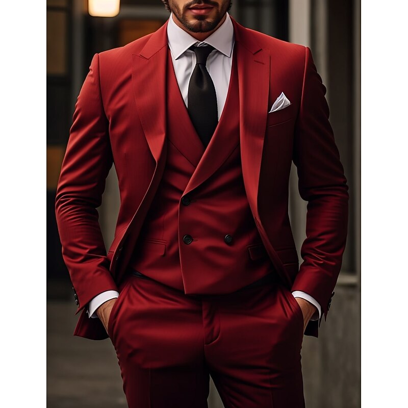 Men's Wedding Christmas Suits Peak Red Burgundy Daily Business Solid Colored Slim Fit 3 Piece Single Breasted Two-buttons