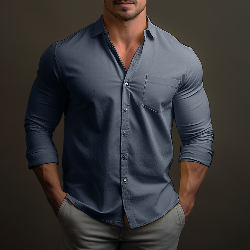 Men's Shirt Button Up Shirt Casual Shirt Yellow Pink Blue Long Sleeve Plain Lapel Daily Vacation Front Pocket Clothing Apparel Fashion Casual Comfortable