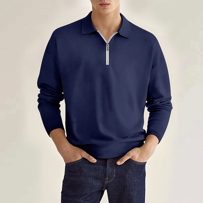 Men's Polo Shirt Zip Polo Outdoor Casual Lapel Quarter Zip Long Sleeve Fashion Basic Solid / Plain Color Quarter Zip Spring &  Fall Regular Fit Black White Wine Dark Navy Blue Sky Blue Polo Shirt