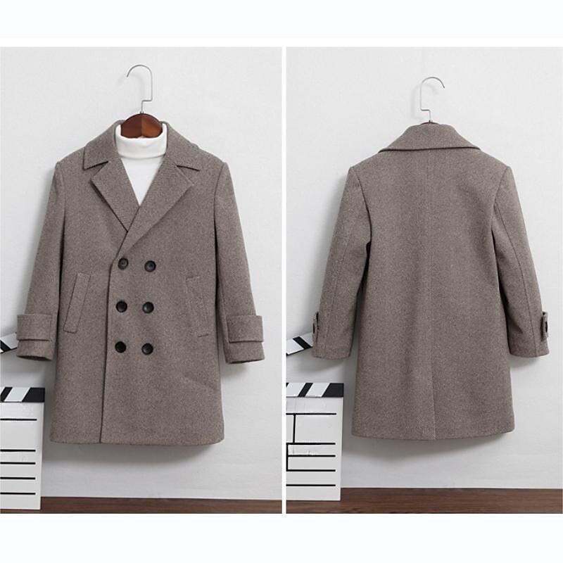 Kid's Unisex Woolen Coat Outerwear Solid Color Long Sleeve Pocket Buttons Coat School Fashion Daily Khaki Gray Spring Fall 7-13 Years2