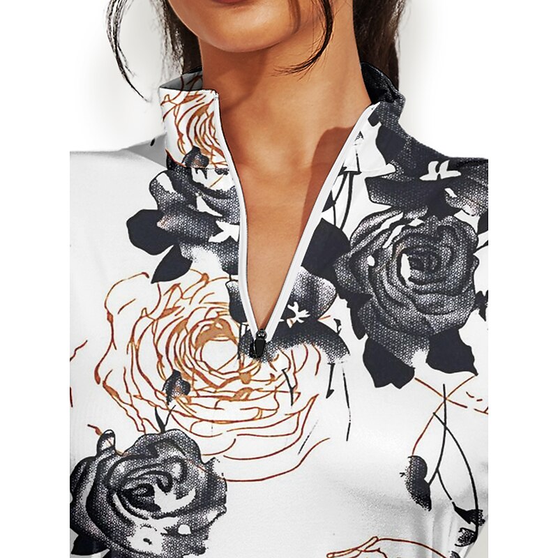 Women's Golf Polo Shirt White Long Sleeve Sun Protection Top Floral Fall Winter Ladies Golf Attire Clothes Outfits Wear Apparel 5