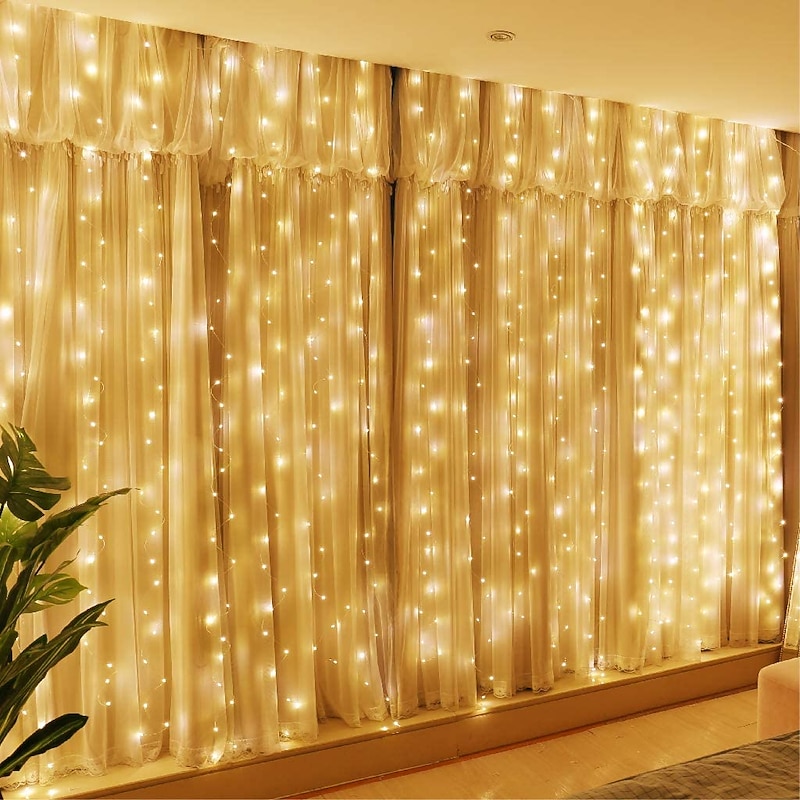 300 LED 9.8x9.8Ft Remote Control Christmas Curtain Lights USB Plug in Fairy Curtain Lights Outdoor Window Wall Hanging Curtain String Lights for Bedroom Backdrop Wedding Party Indoor Decor Warm White4