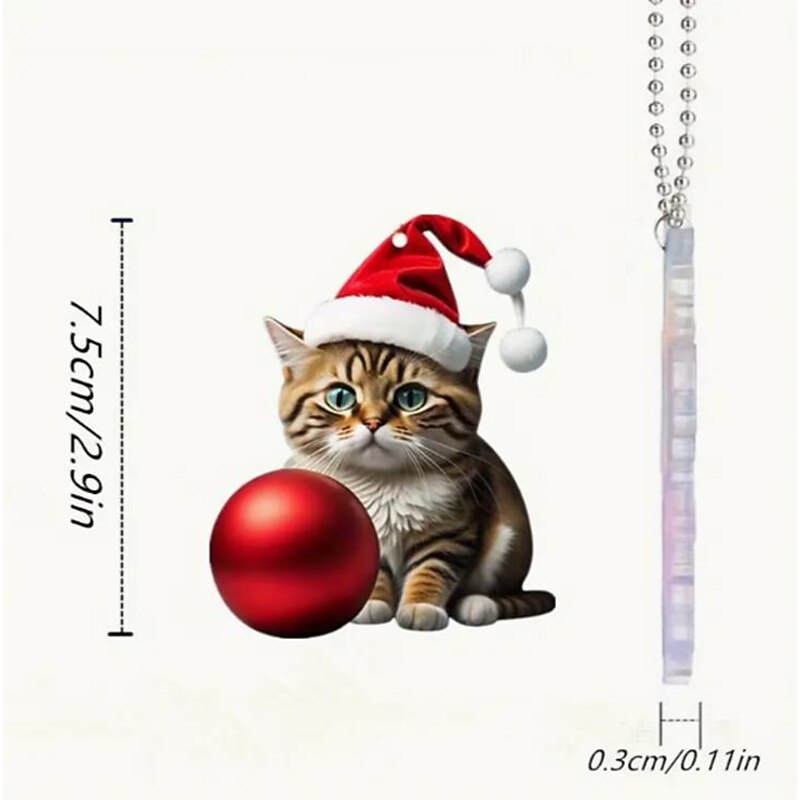Christmas Cat Ornament,Acrylic 2D Flat Printed Xmas Tree Ornament and Car Rear View Mirror Accessories for Cat Lover2