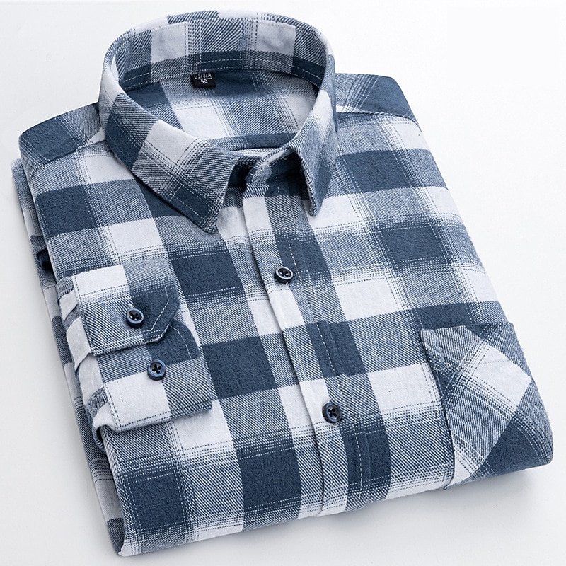 Men's Shirt Casual Shirt Plaid Shirt Button Up Shirt Plaid / Check Outdoor Daily Wear Navy Blue Royal Blue Blue Sky Blue Long Sleeve Lapel Fall & Winter Clothing Apparel Front Pocket4
