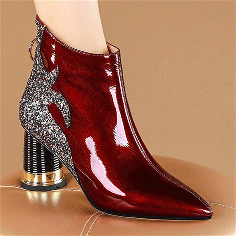 Women's Burgundy Patent Leather Ankle Boots with Glitter Flame Design and Block Heel - Statement High-Heel Boots for Parties and Special Occasions2