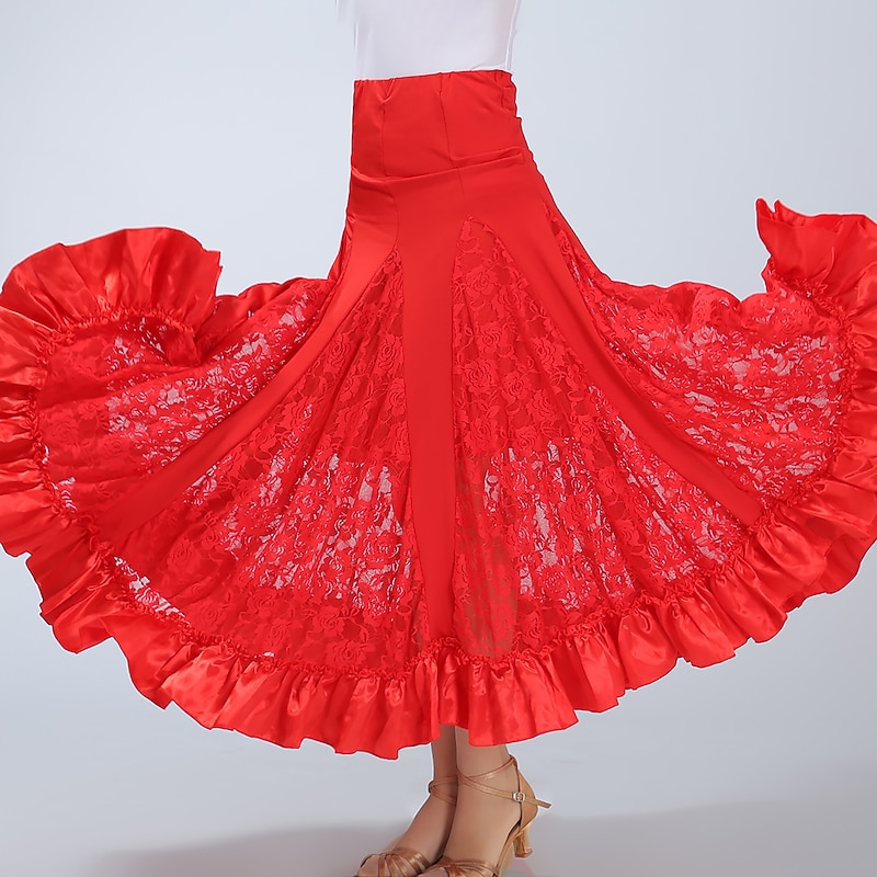 Ballroom Dance Skirts Lace Pure Color Ruffle Women's Performance Training High Polyester