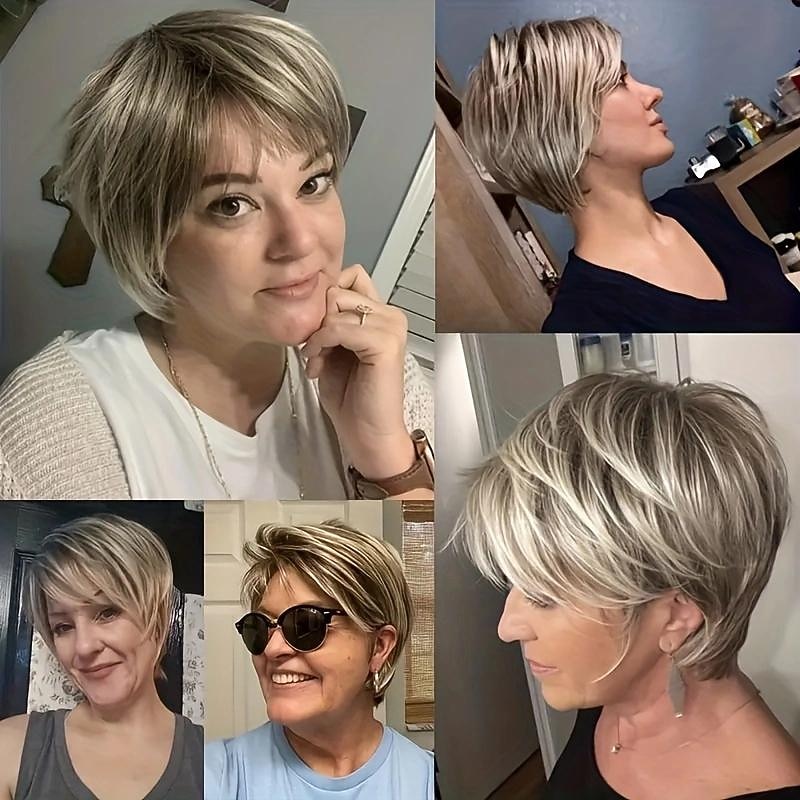 Brown Mixed Blonde Short Layered Nature Curly Hair Wigs With Bangs Synthetic Heat Resistant Weave Full Wigs For Women 6 Inch3