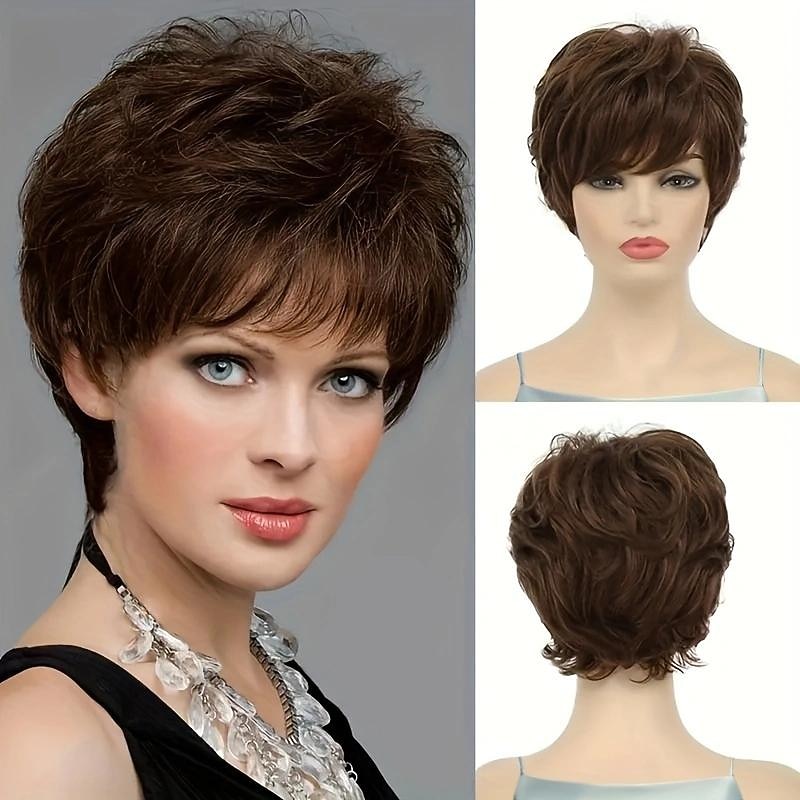 Brown 4 Inch Short Pixie Cut Hair Wigs For Women Short Straight Hair Wigs With Bangs Synthetic None Lace Hair Wigs For Daily Party Use