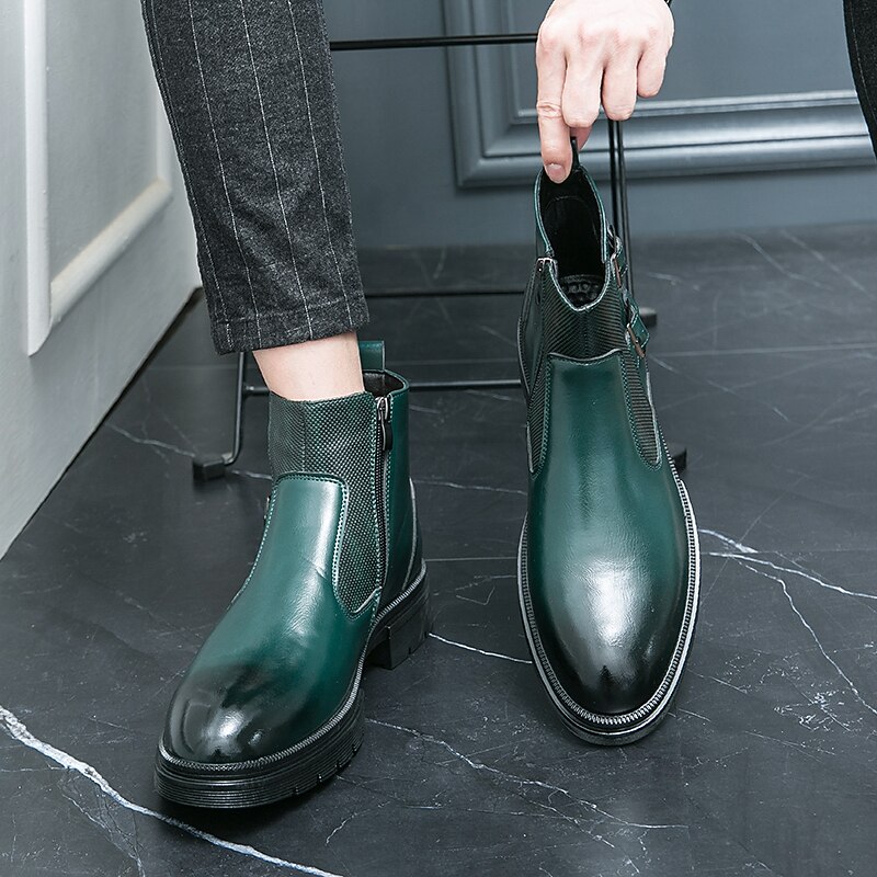 Men's Navy Blue Faux Leather Chelsea Boots, Double Buckle Ankle Boots with Elastic Side for Stylish Durable Wear 27