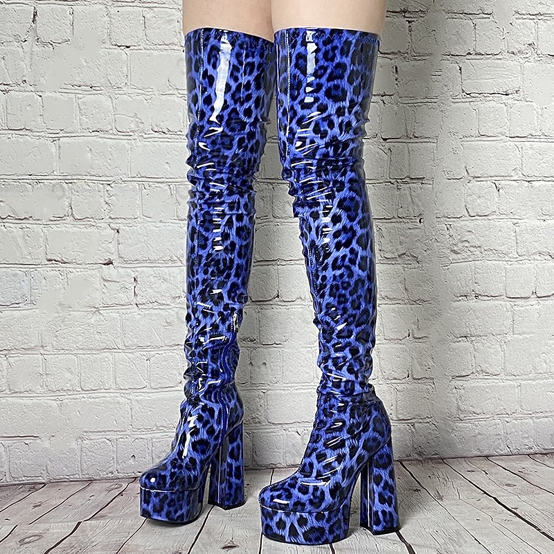 Women's Sexy Blue Leopard Print Thigh-High Platform Boots with Chunky Heels – Bold Statement Footwear for Parties, Events, and Night Out4