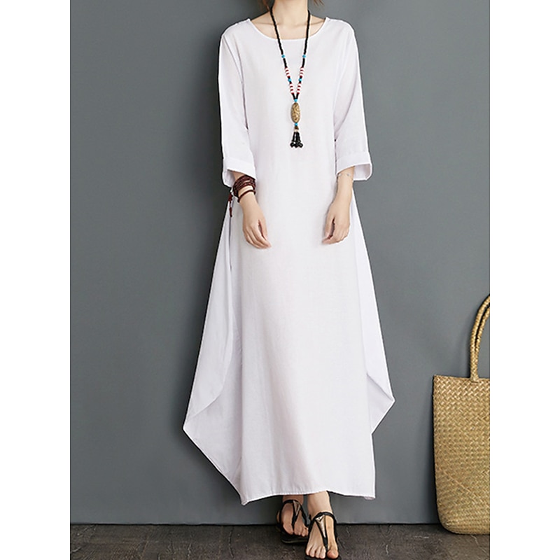 Women's Long Dress Maxi Dress Linen-Inspired Dresses White Dress Casual Dress Winter Dress Streetwear Vacation Street Loose Fit Long Sleeve Crew Neck Black White Red Blue Fall Winter