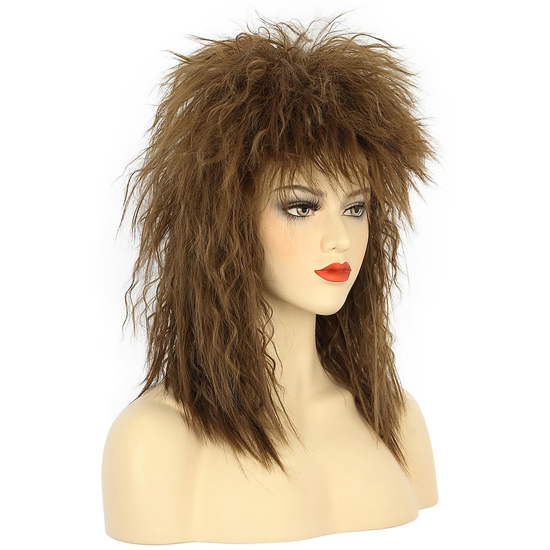Women Men Long Curly Brown Wig 70s 80s Rocker Mullet Costume Wig Carnival Cosplay Party Wig Halloween Wigs3
