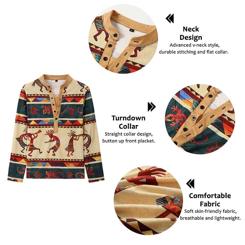 Men's Tribal Graphic Prints Henley Shirt Graphic Tee Vintage Shirt Long Sleeve 3D Printing Basic Ethnic Casual Outdoor Vacation Daily Spring & Summer Blue Khaki Gray Henley Henley T-Shirt2