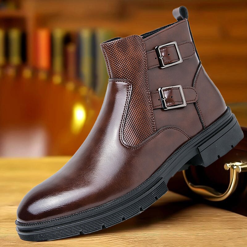 Men's Navy Blue Faux Leather Chelsea Boots, Double Buckle Ankle Boots with Elastic Side for Stylish Durable Wear 34