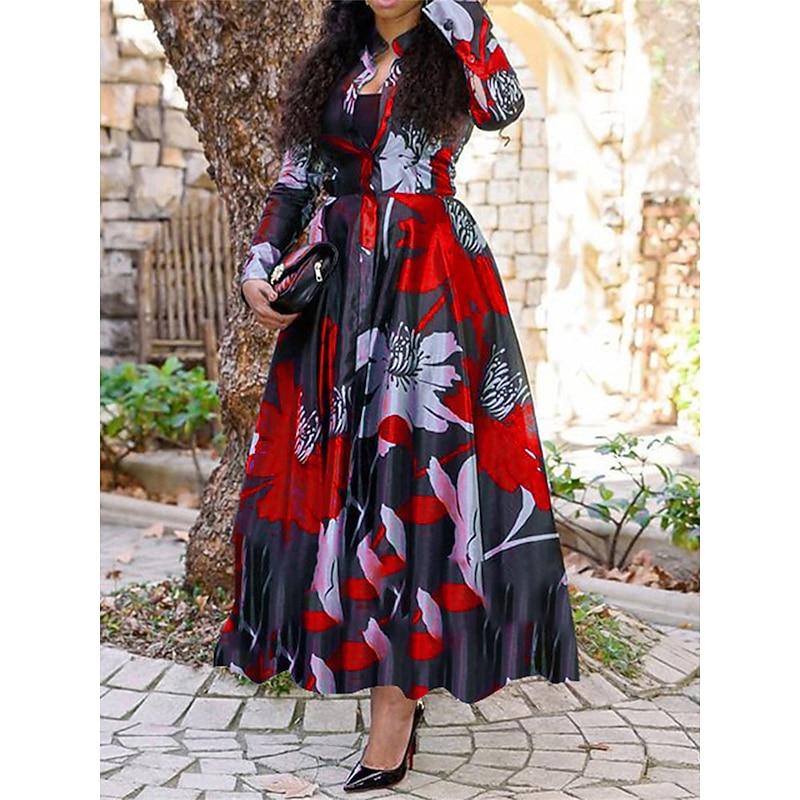 Women's Long Dress Maxi Dress Casual Dress Swing Dress Print Dress Fashion Streetwear Mature Outdoor Vacation Daily Regular Fit Floral Long Sleeve Split Neck Red Purple Green Dark Blue Fall Winter2