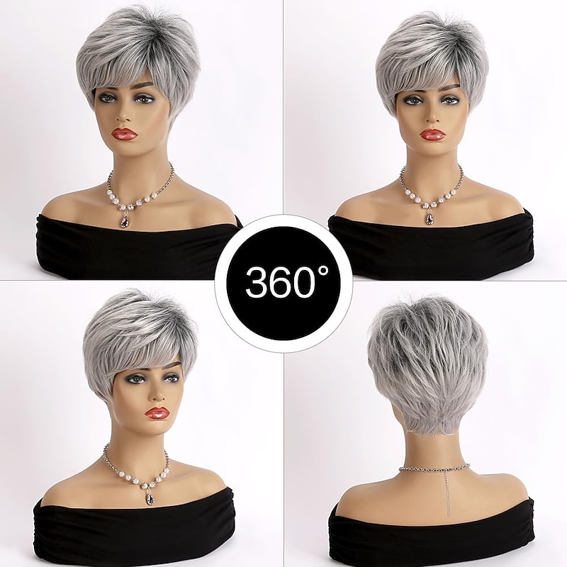 Short Gray Wig for Women,gray Silver Synthetic Layered Pixie Cut Wig with Bangs Natural Looking Costume Hair Wig Ladies Gray Short Fluffy Layered Wigs for Middle-aged and Older Women2