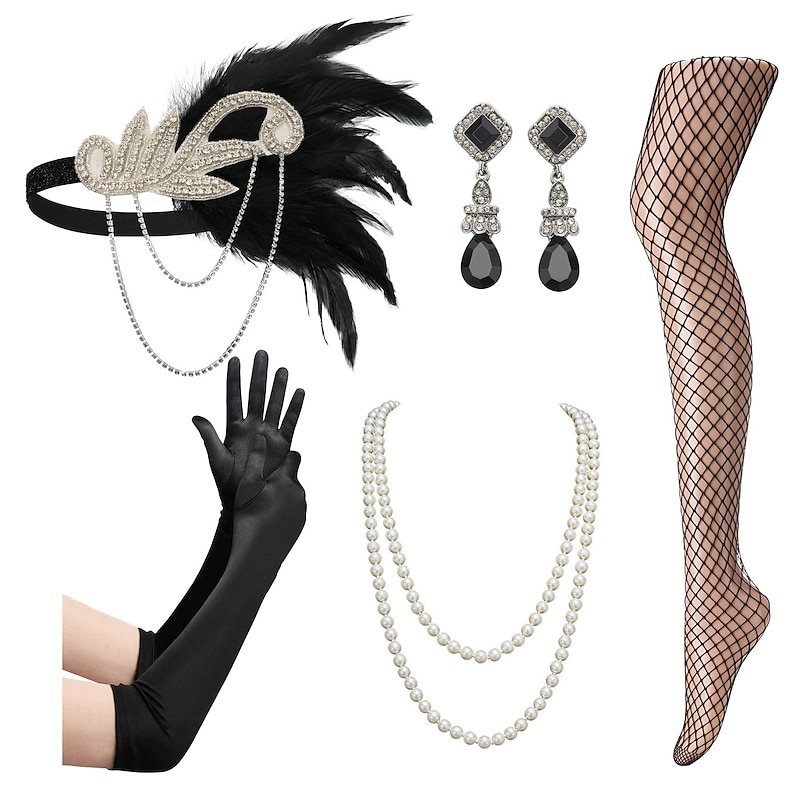 Set with Feather Flapper Headband Long Gloves Fishnet Stocking Earings Pearl Necklace Retro Vintage Roaring 20s 1920s Accesories Set The Great Gatsby Women's Cosplay Costume Carnival Party Evening4