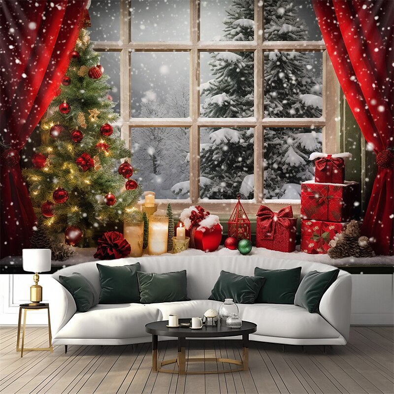 Christmas Decorations Christmas Tree Hanging Tapestry Winter Window View Wall Art Xmas Large Tapestry Mural Decor Photograph Backdrop Blanket Curtain Home Bedroom Living Room Decoration2