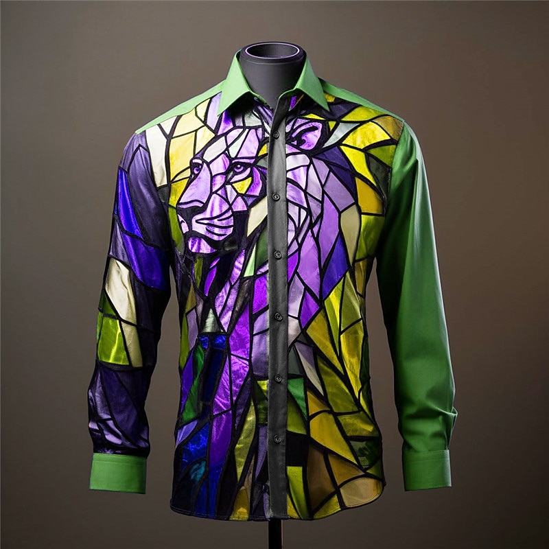 Men's Color Block Lion Colorful Shirt Button Up Shirt Long Sleeve Artistic Abstract Daily Wear Going out Fall & Winter Turndown Print Button-Down Yellow Blue Purple Fuchsia3
