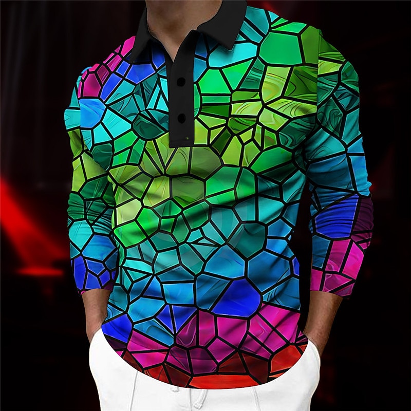 Men's Graphic Polo Shirts Golf Shirt Long Sleeve Polo Shirts Collared Shirts Casual Vacation Wear Rave Wear Party Outfits 3D Print Buttons Fall & Winter Purple Green2