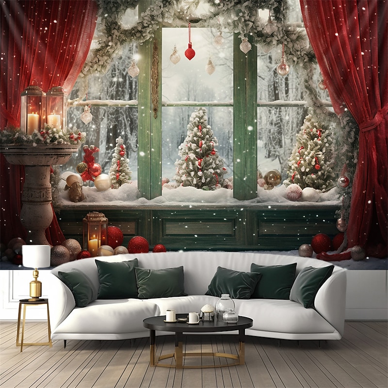 Christmas Decorations Snow Red Curtain Hanging Tapestry Wall Art Xmas Large Tapestry Mural Decor Photograph Backdrop Blanket Curtain Home Bedroom Living Room Decoration2