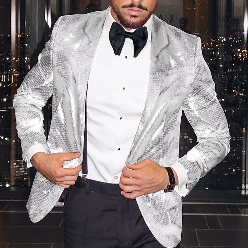 Men's Blazer Jacket Notch Collar Fashion Disco Sequin Pattern Blazer Black Silver Fuchsia Tailored Fit Single Breasted One-button3