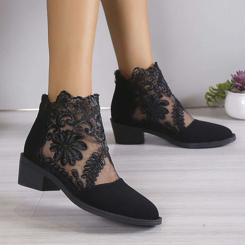 Women's Black Lace Ankle Boots with Floral Mesh Design and Low Block Heel - Elegant Footwear for Casual and Dressy Occasions3