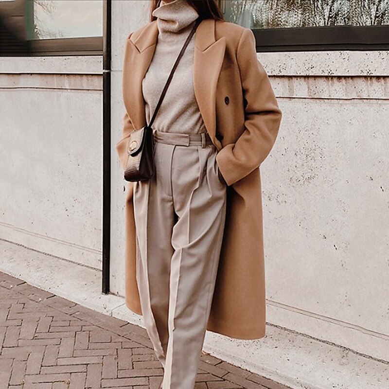 Women's Wool Blend Coat Winter Long Pea Coat Fall Double Breasted Lapel Over Coat Warm Windproof with Pockets Streetwear Casual Jacket Long Sleeve White Khaki4