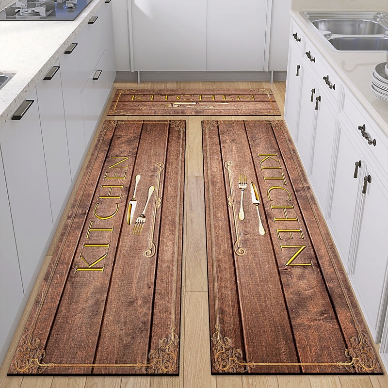 Vintage Wooden Kitchen Mat Non-Slip Oil Proof Rug Indoor Outdoor Mat Bedroom Decor Bathroom Mat Entrance Rug Door Mat
