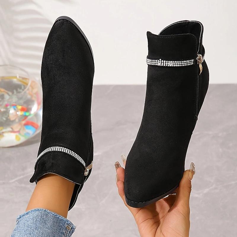 Women's Black Suede Ankle Boots – Rhinestone Embellished Strap, Kitten Heel, and Pointed Toe for Party and Evening Wear2