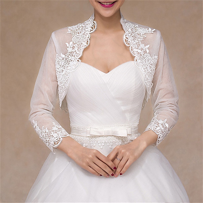 Shawls Women's Wrap Bolero Elegant Bridal 3/4 Length Sleeve Lace Wedding Wraps With Flower For Wedding Spring & Summer