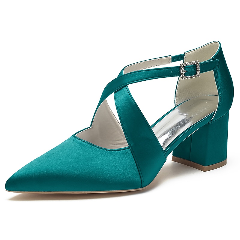 Elegant Women's White Satin Pointed Toe Block Heels – Crisscross Strap Design for Weddings, Formal Parties, and Special Occasions4