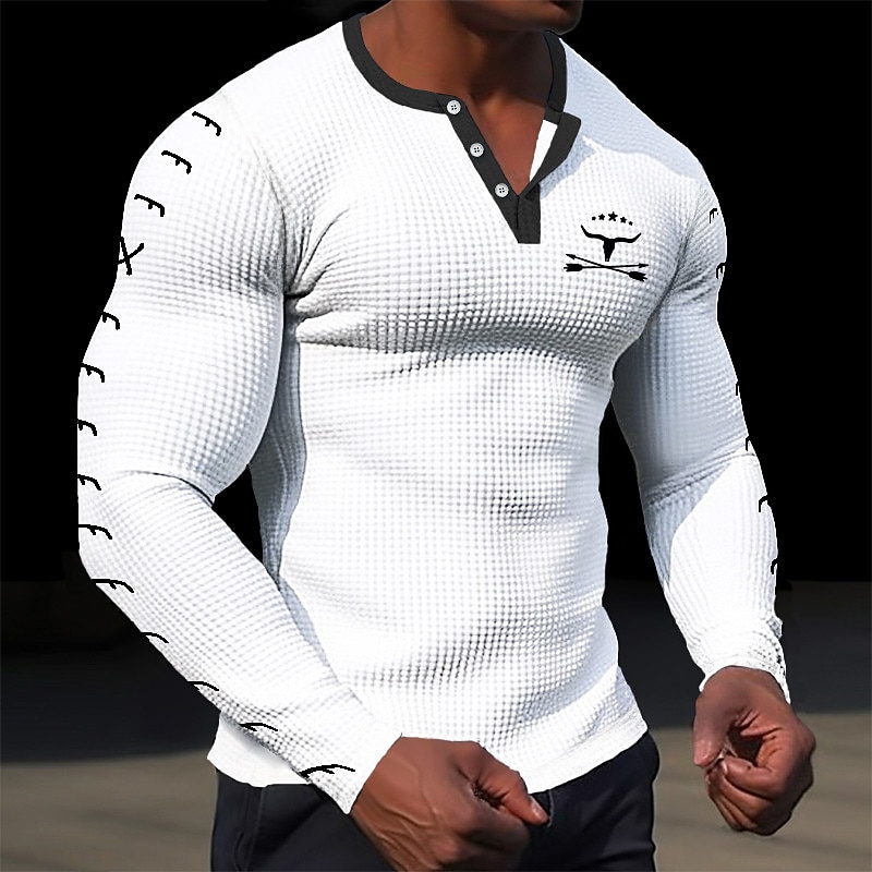 Men's Graphic Cowboy Henley Shirt Waffle T Shirt Long Sleeve 3D Print Designer Retro Vintage Casual Sports Outdoor Holiday Festival Spring &  Fall Black White Brown Army Green Henley Henley T-Shirt