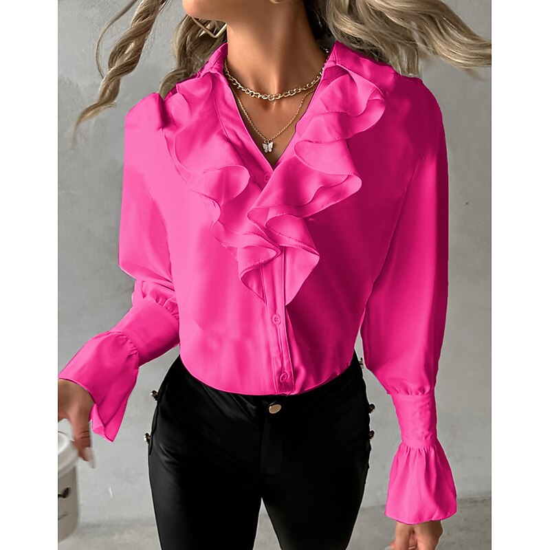 Women's Blouse Elegant Ruffle Petal Sleeve Long Sleeve V Neck Black White Yellow Fuchsia Green Fall4