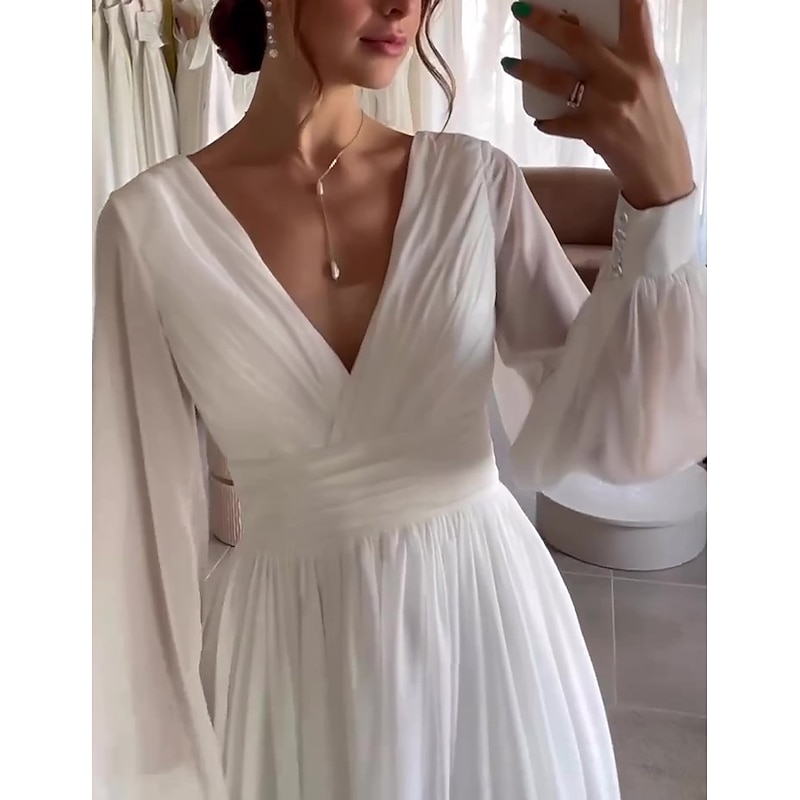 Simple Wedding Dresses  Little White Dress Bridal Shower Dresses Wedding Dresses A-Line V Neck Long Sleeve Tea Length Chiffon Bridal Gowns With Pleats Solid Color4