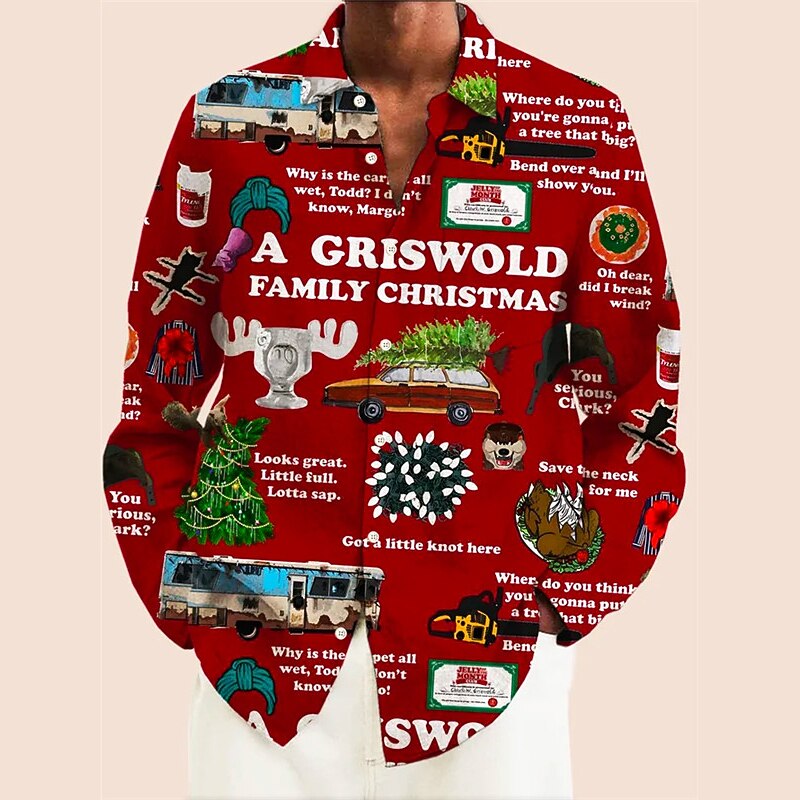 Santa Claus Palm Tree Casual Men's Shirt Daily Wear Going out Fall & Winter Turndown Long Sleeve Burgundy, Orange S, M, L 4-Way Stretch Fabric Shirt Christmas3