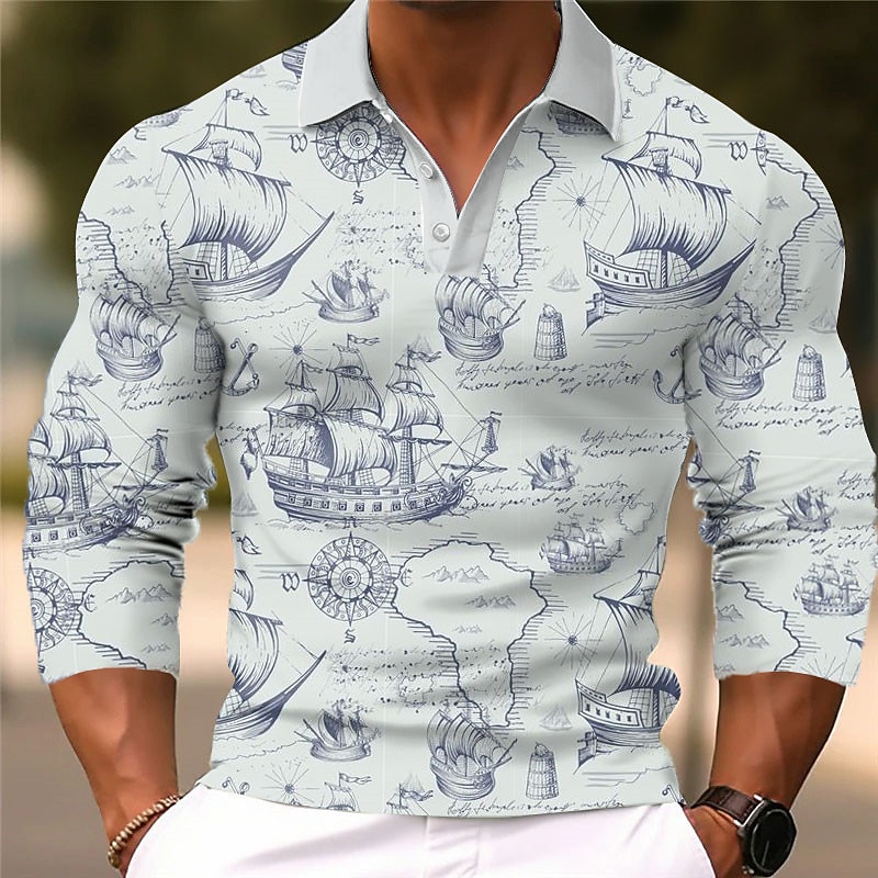 Kentucky Derby Men's Nautical Hawaiian Polo Shirts Golf Shirt Long Sleeve Polo Shirts Collared Shirts Casual Beach Wear Vacation Wear Tropical Wear Party Outfits 3D Print Buttons Fall & Winter Blue