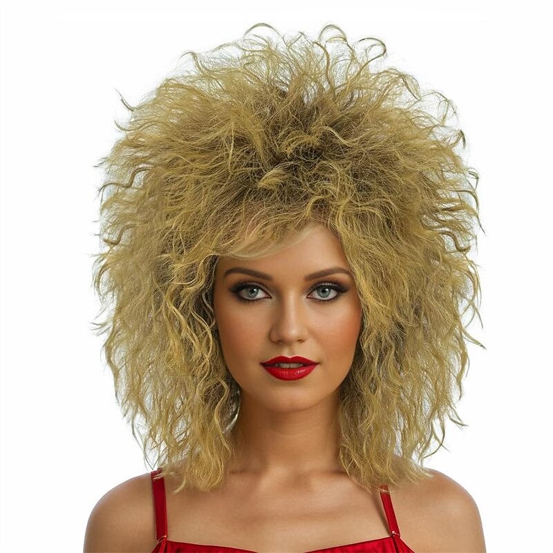 Short Blonde Curly Wig Mullet Blonde Brown Wig with Dark Roots 70s 80s Rocker Wig Two Tone Layered Wig Cosplay Costume Wigs Women Men Halloween Wigs2