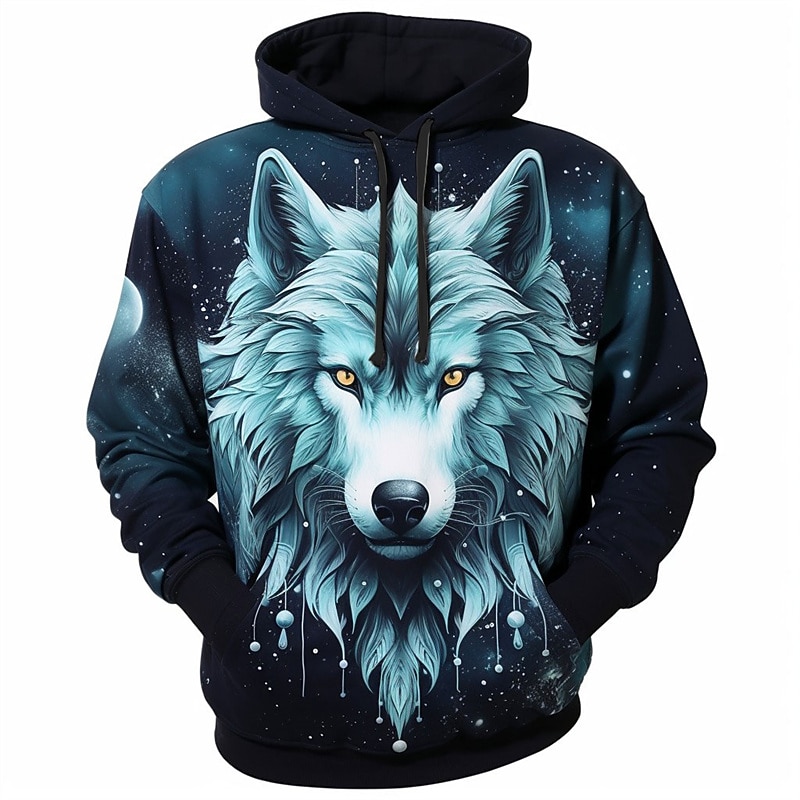 Men's Graphic Wolf Hoodie Hoodies Sweatshirt Fashion Daily Long Sleeve Hooded Vacation Sports Outdoor Holiday Blue Dark Blue Print Front Pocket Spring &  Fall Designer3