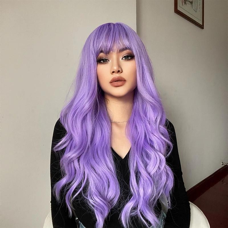 Purple Body Wave Synthetic Wigs With Bangs For Women Long Curly Hair For Cosplay Girls And Women Party Or Daily Use Wig2
