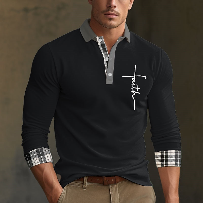 Men's Plaid Faith Polo Shirts Golf Shirt Long Sleeve Polo Shirts Collared Shirts Business Casual WorkWear Formal Wear Festival Wear 3D Print Buttons Fall & Winter Black White Wine4