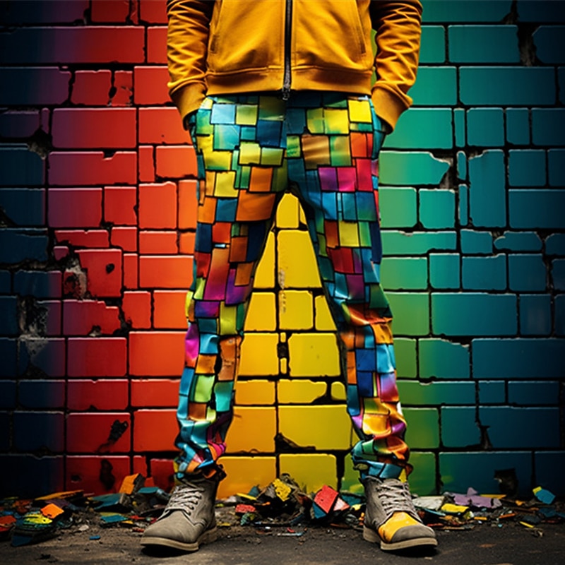 Color Block Colorful Glass Business Abstract Men's 3D Print Dress Pants Pants Trousers Outdoor Daily Wear Streetwear Polyester Dark Grey Blue Purple S M L Medium Waist Elasticity Pants