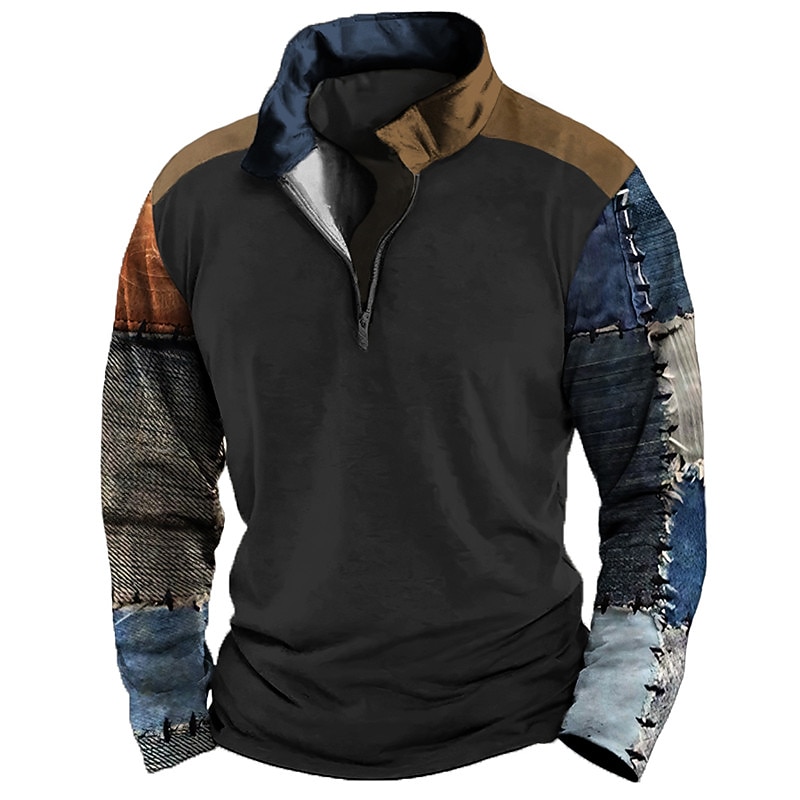 Men's Graphic Color Block Patchwork Sweatshirts Sweatshirt Zip Sweatshirt Long Sleeve Sweatshirt Quarter Zip Sports Casual Vintage Retro 3D Print Vacation Sports Outdoor Holiday Print Spring &  Fall4