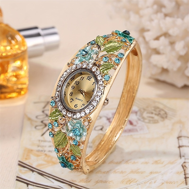 5Pcs Set Luxury Womens Bracelet Quartz Watches Fashion Rhinestone Quartz Cuff Bangle Watch Oval Pointer Analog Wrist Watch Jewelry Set Gift For Mom Her4