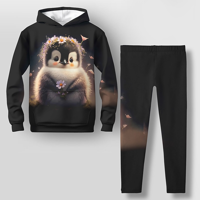 Girls' 3D Penguin Hoodie & Legging Set Long Sleeve 3D Print Fall Winter Active Fashion Daily Kids 3-12 Years Outdoor Vacation Date Regular Fit2