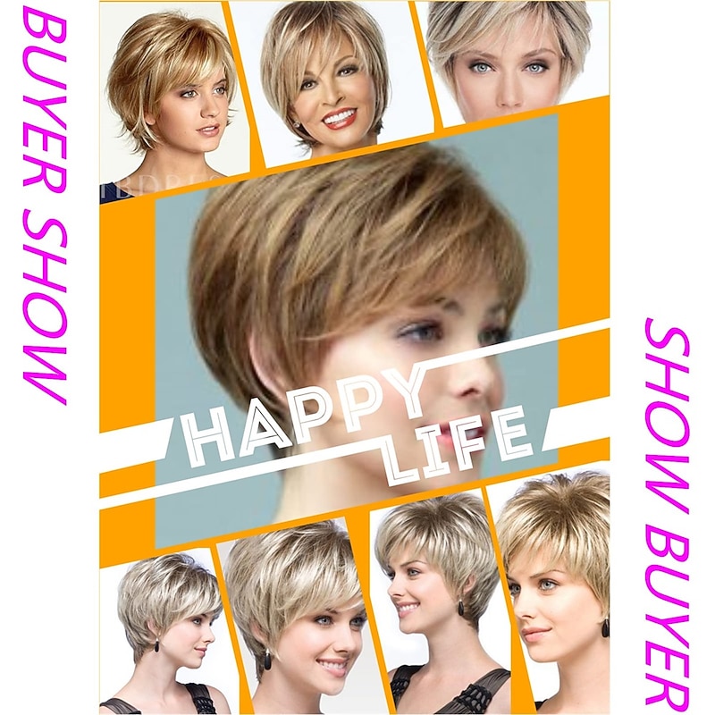 Curly Ombre Blonde Pixie Cut Wigs for White Women,Layered Wig Brown to Blonde Gradient Short Pixie Bob Cut Wig with Bangs Short Cute Wig for Women Highlight Wig(Ombre Brown to Blonde)2
