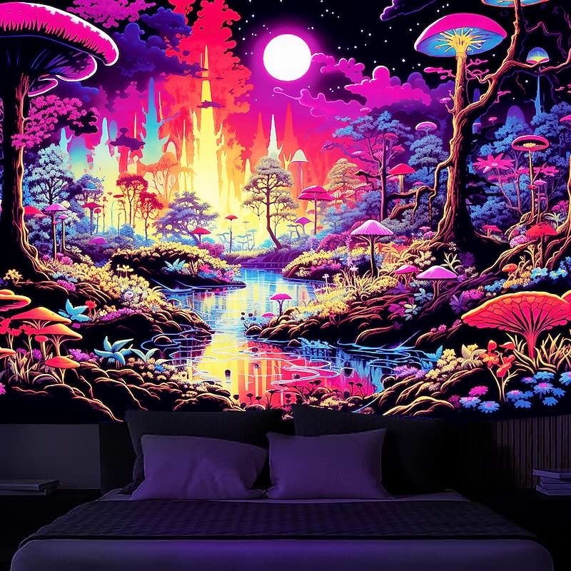 Blacklight Tapestry UV Reactive Glow in the Dark Glow Party Neon Trippy Misty Forest Mushroom Hanging Tapestry Wall Art Mural for Living Room Bedroom