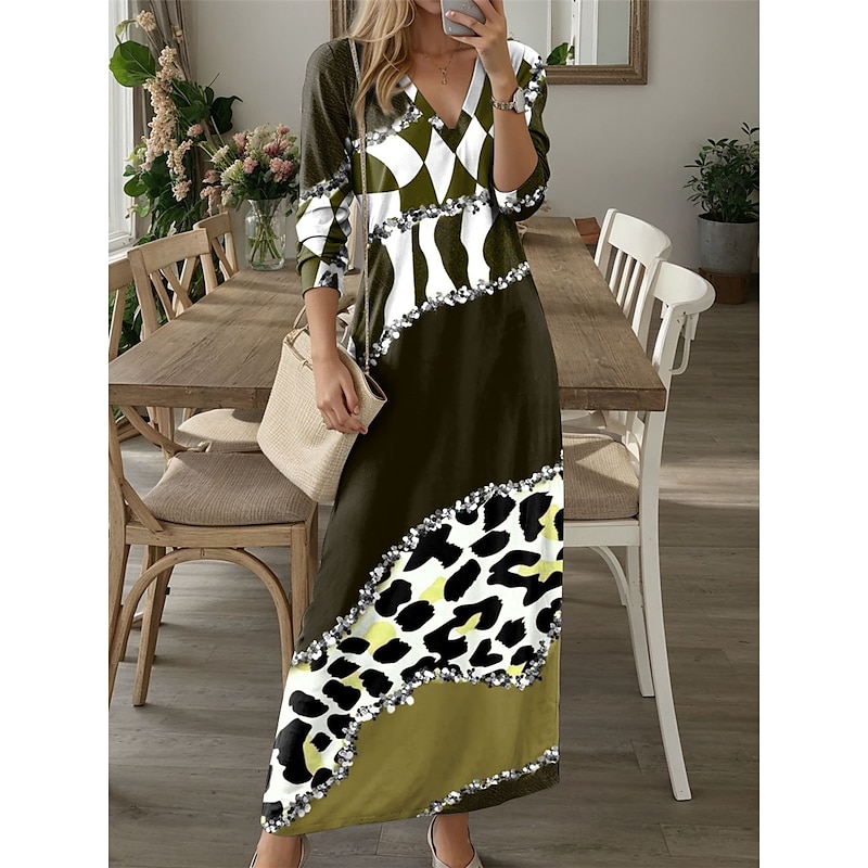 Women's Maxi Dress Casual Dress Winter Dress T Shirt Dress Tee Dress Leopard Color Block Pocket Print V Neck Long Dress Maxi Dress Date Vacation Long Sleeve Fall Winter3
