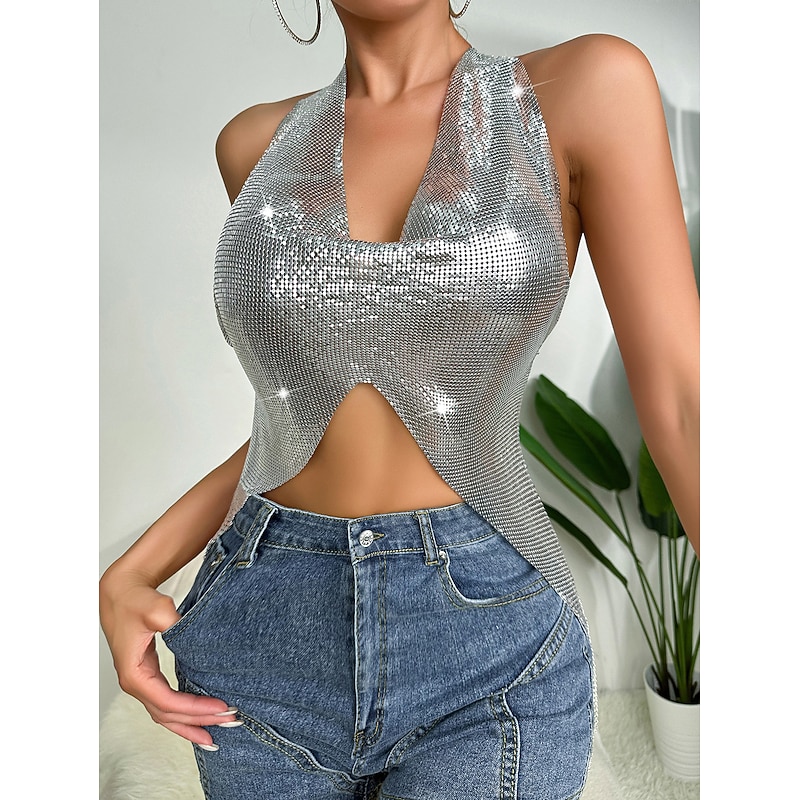 Metallic Backless Sparkle Mini Dress Disco Deep V Fancy Dress Women's Carnival Party Club Adults' Dress