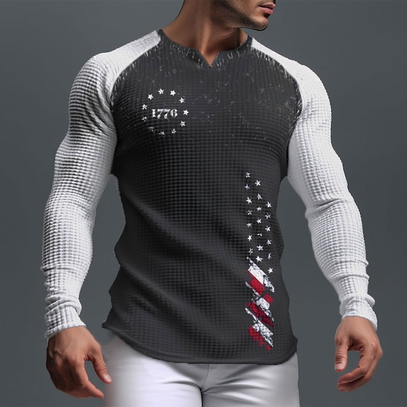 Veterans Day Men's Patriot Patriotic Veteran Graphic 1776 National Flag Waffle Shirt T shirt Raglan T Shirt Long Sleeve T shirt 3D Print V Neck Shirt Sports Daily Casual Sports Outdoor Holiday Going